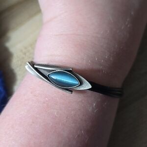 Christophe poly artisan blue stone and silver tone bracelet with black cord